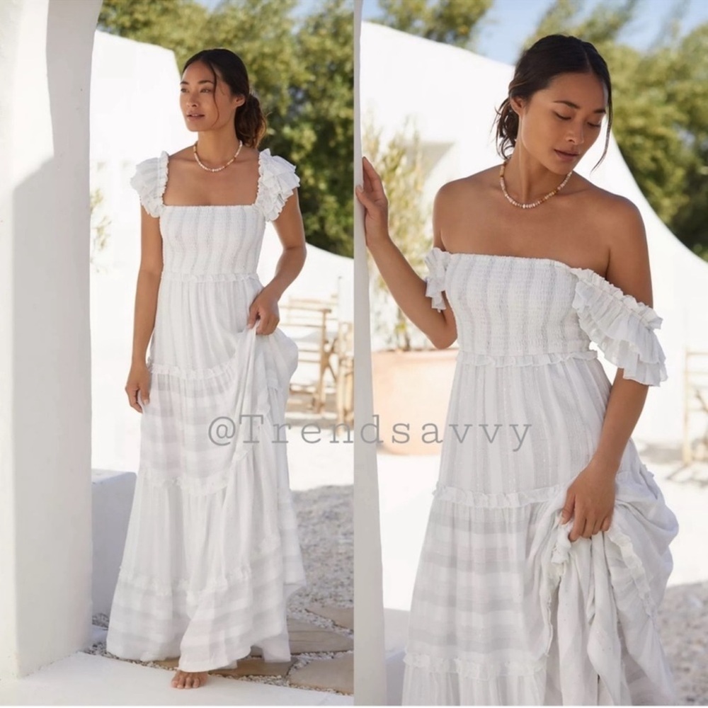 Anthropologie PQ Victoria White Smocked Off Shoulder Metallic Maxi Dress Boho